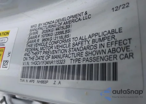 2022 Honda Accord Sport from USA, damaged, VIN 1HGCV1F34NA115323